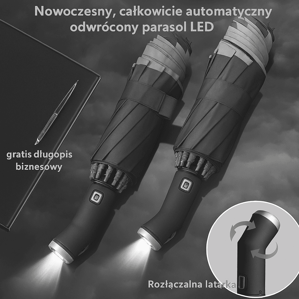 Parasol Automatyczny Odwrócony z Oświetleniem LED i Paskami Odbijającymi Światło