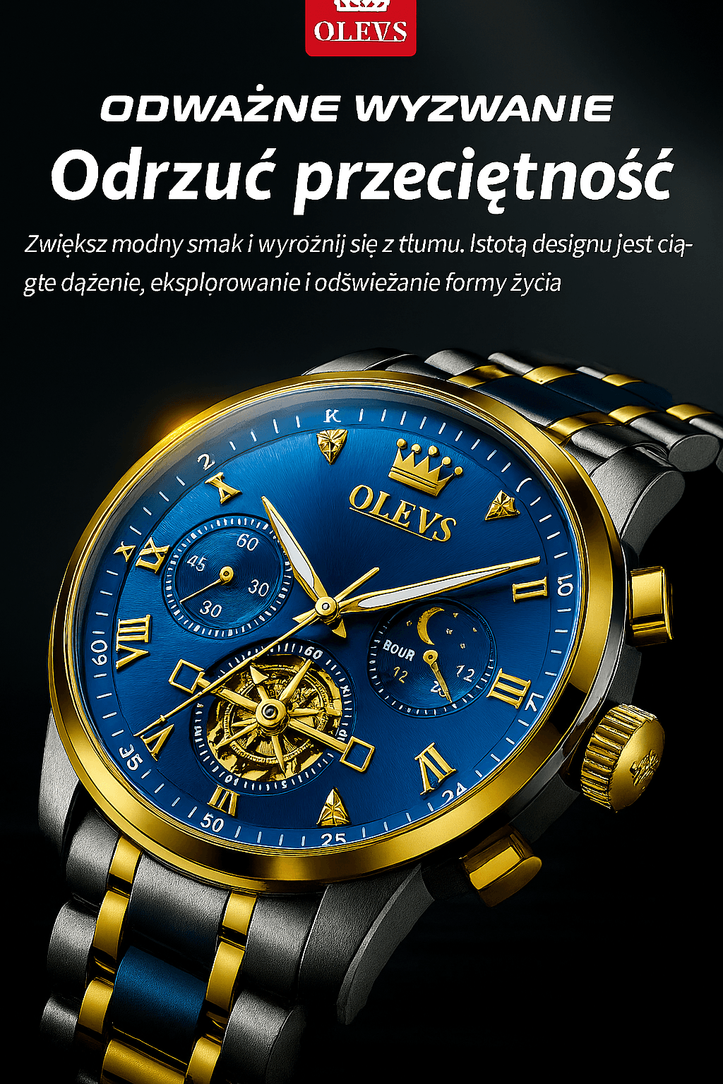 Zegarek Męski OLEVS 2856 – Kwarcowy, Multifunkcyjny, Stal Szlachetna, Chronograf, Faza Księżyca