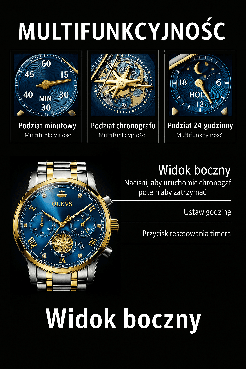 Zegarek Męski OLEVS 2856 – Kwarcowy, Multifunkcyjny, Stal Szlachetna, Chronograf, Faza Księżyca
